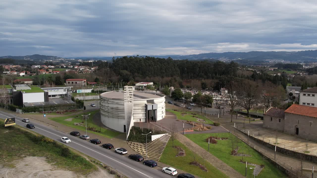 Aerial Igreja Nova de Santiago de Antas modern church with cemetery in Famalicão Portugal