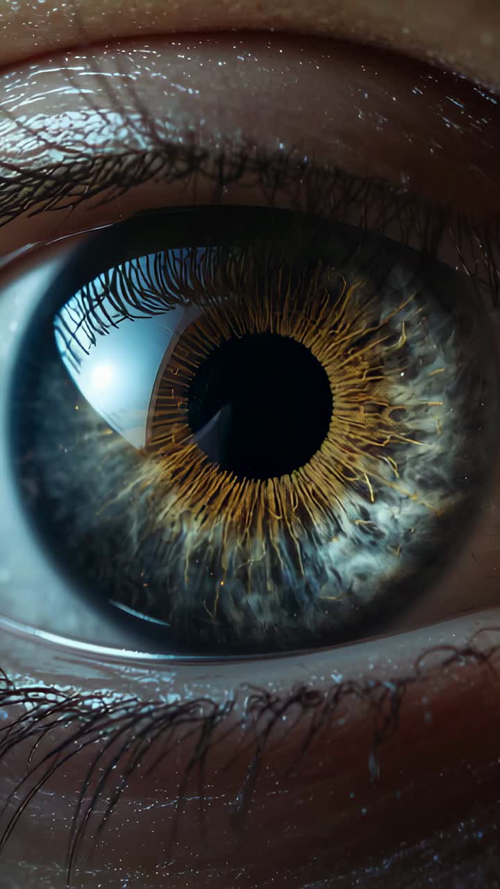 Video verticale: palpebre tenute aperte sotto la luce softbox, occhio che rivela le fibre dell'iride per l'esame