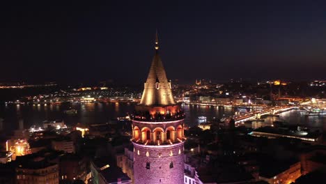 aerial view of istanbul bosphorus bridge behind the galata tower at night stock video blue mosque, europe, galata, galata bridge, galata towero sultanahmet camii, avrupa, galata, galata köprüsü, galata kulesi