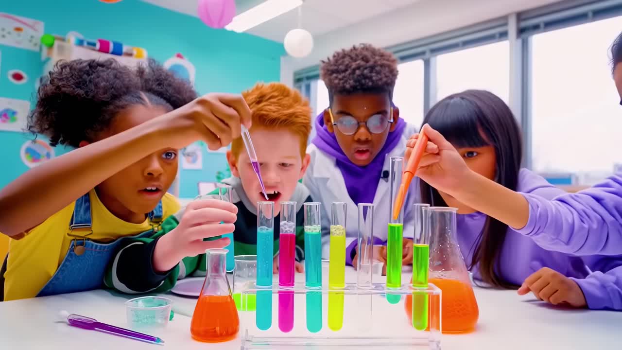 Renkli bir laboratuvarda çeşitli çocukların canlı sıvıları heyecanla karıştırdığı yüksek açıdan çekilmiş video