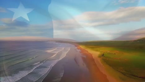 digital composition of chile flag waving against aerial view of waves in the sea