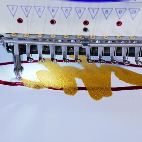 embroidery machine in textile factory. close up of computerized embroidery machines