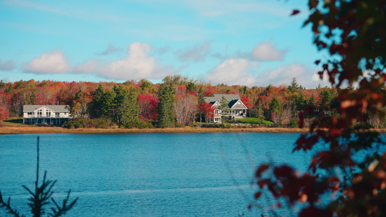 Picturesque landscape over White Point in Nova Scotia, Canada. View of the Lake and colorful forest in Autumn.