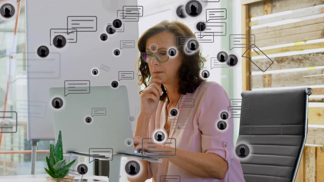 Business woman typing on laptop and causing chat bubbles overlapping her, managing client messages
