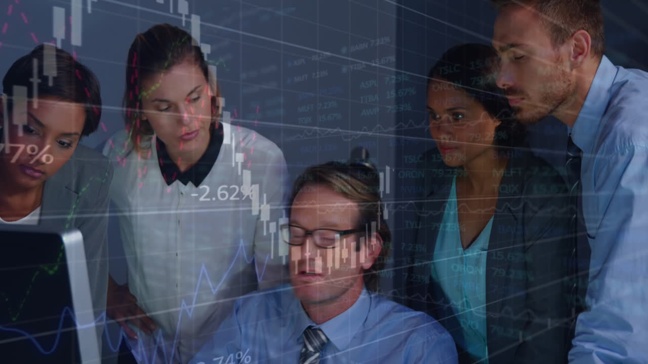 Animation of financial data processing and stock market over diverse business people in office
