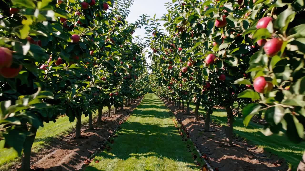 A serene orchard with rows of apple trees, captured from a low-angle perspective, perfect