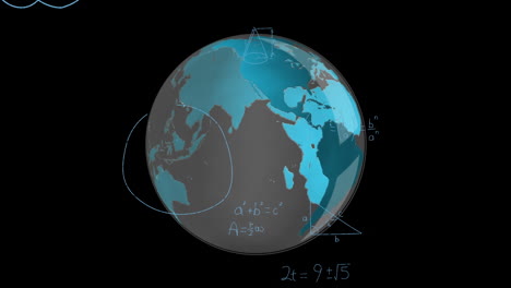 animación de ecuaciones matemáticas y diagramas sobre el globo sobre un fondo negro.