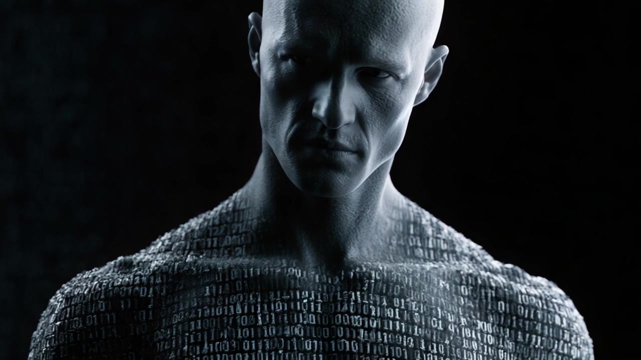 Een Bedachtzame Digitale Entiteit: Het concept van technologie die samensmelt met de mensheid verkennen via een binair gecodeerde figuur die digitale transformatie vertegenwoordigt.