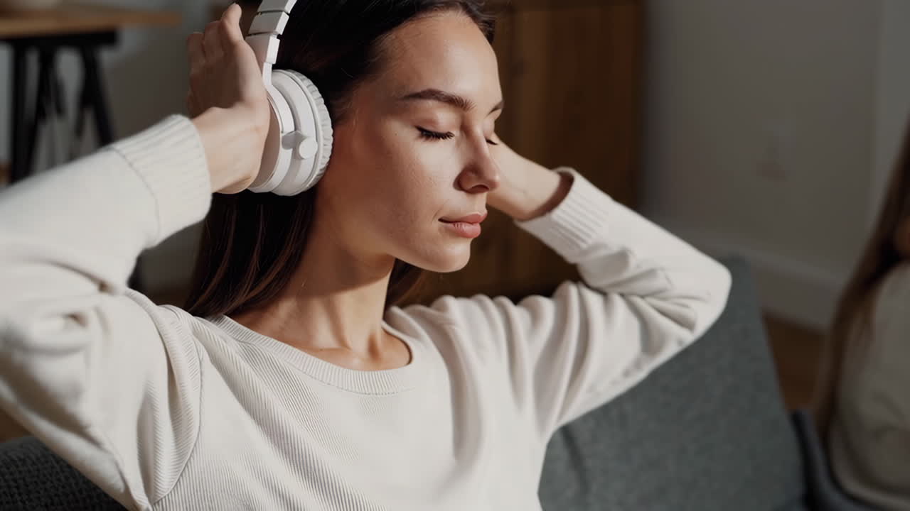 mujer relajándose en un sofá con auriculares