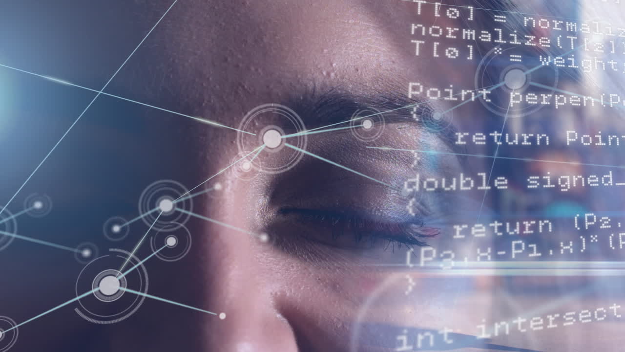 animación del procesamiento de datos sobre los ojos de una mujer caucásica