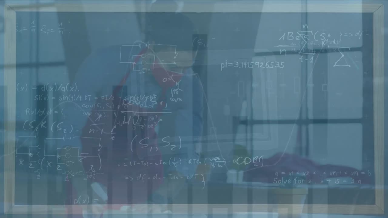 수학 공식과 그래프의 애니메이션 얼굴 마스크를 입은 두 인종 여성이 청소 데스크를 통해