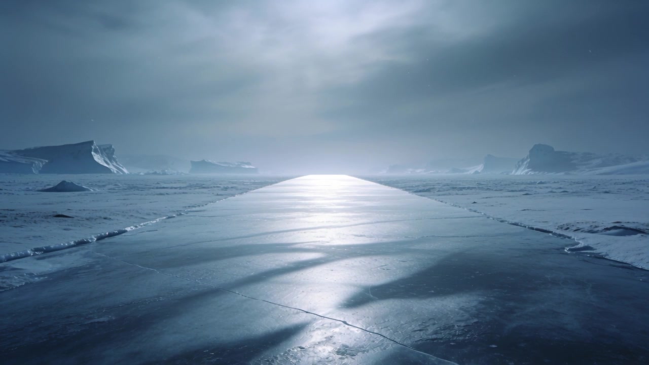 Glinting low sun sending moving band across central smooth ice strip at polar sea, icebergs