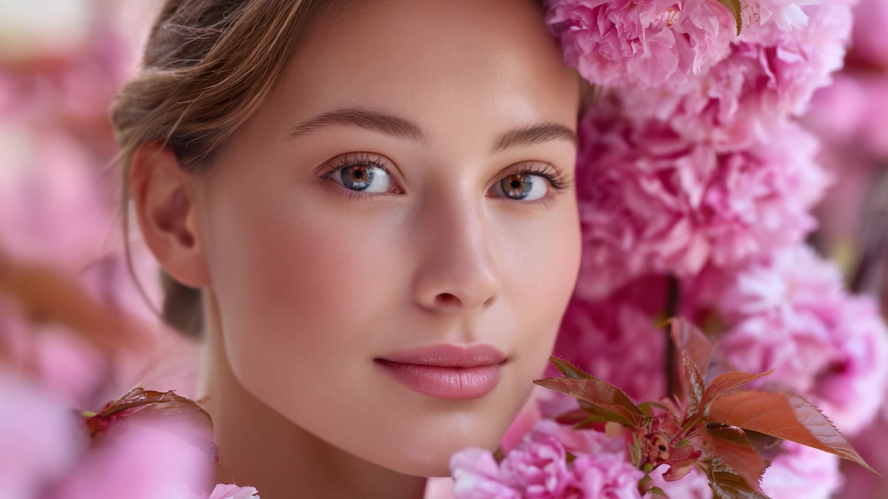 Bellezza accattivante circondata da fiori rosa in fiore, che mostra una pelle radiosa e un'espressione serena in un vivace ambiente floreale.