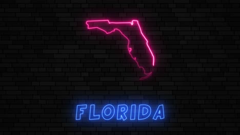 state of florida map silhouette with neon line on a dark brick wall background