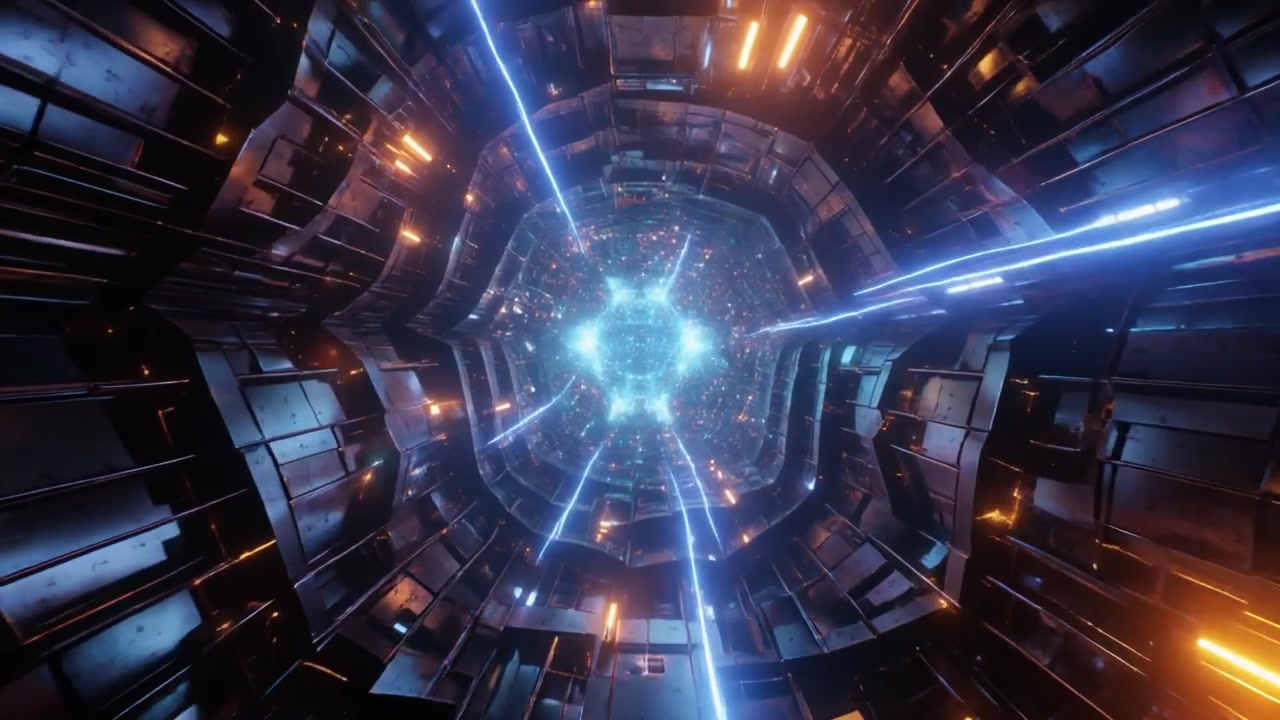 Futuristisk sci-fi-tunnel med glødende blå energikjerne