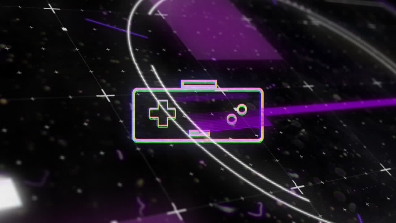 animación del procesamiento de datos y el icono del gamepad sobre fondo negro