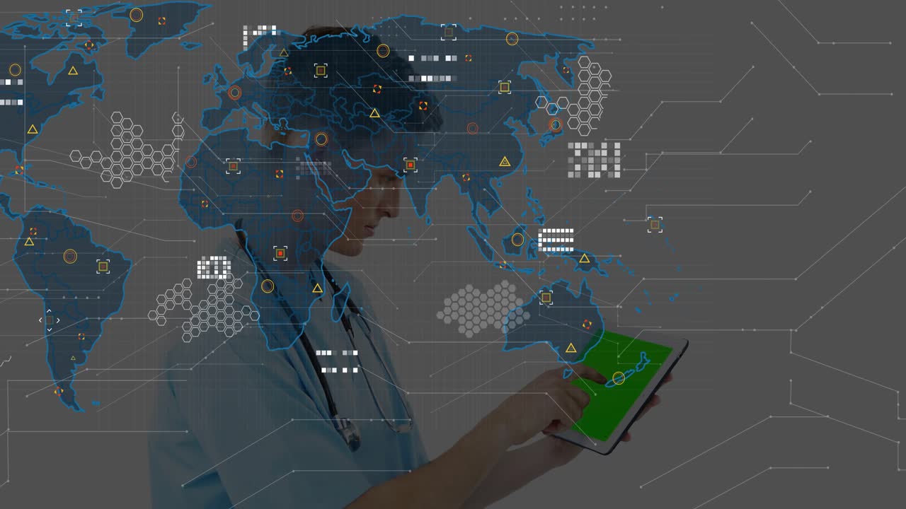 Medical professional raising and swiping tablet showing health data icons populating global map