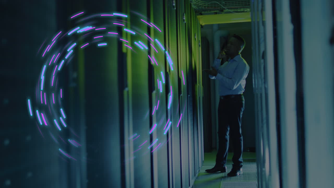 Animation of data processing over african american male it technician by computer servers