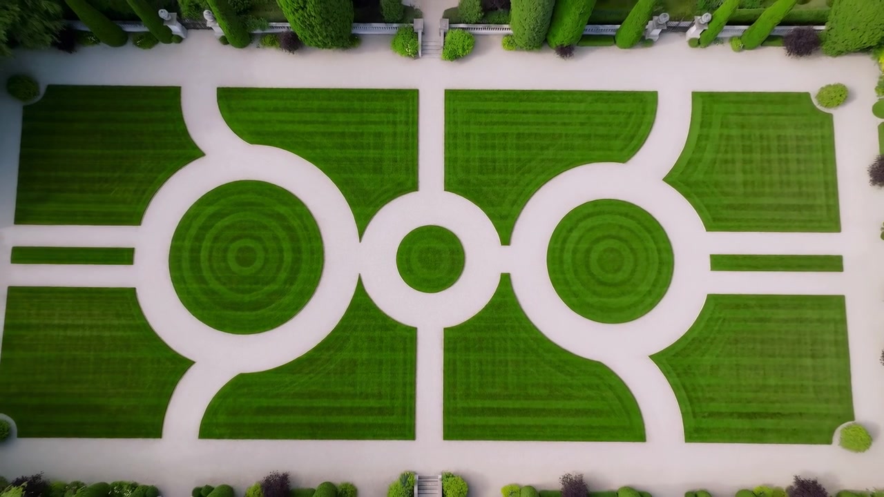 Aerial Geometric Garden With Circular Lawns And Crisp White Pathways, Drone Top View Of Manicured Urban Park