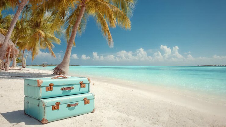 Een serene strandscène met vintage koffers tussen palmbomen met turquoise water en blauwe luchten, die uitnodigen tot dagdromen over reizen en avontuur