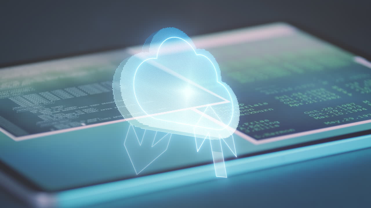 Cloud symbol above tablet with various editing windows and digital data