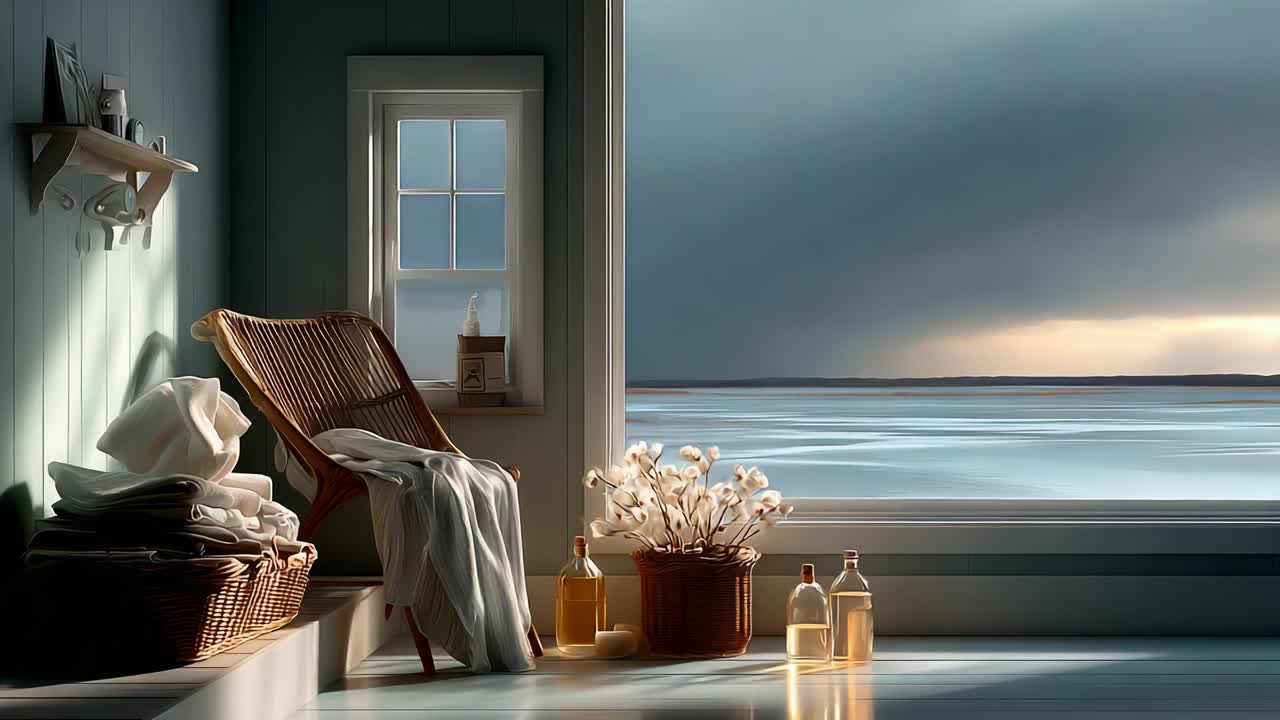 A Tranquil Coastal Retreat: A Serene Indoor Space with a Cozy Chair Overlooking a Calm Seascape and Soft Natural Light, Perfect for Relaxation and Mindful Reflection