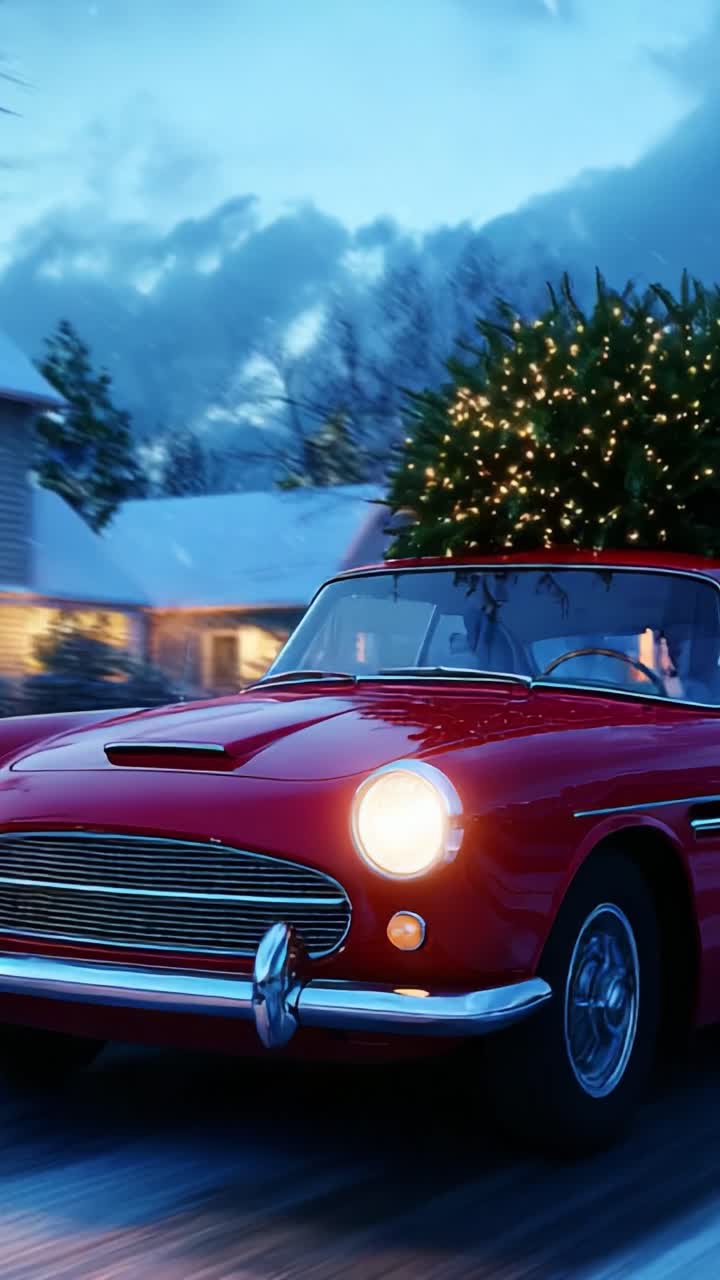 A classic red convertible car adorned with a beautifully decorated Christmas tree, driving through a snow-covered landscape, capturing the festive spirit and winter magic of the holiday season amidst softly glowing lights and frosty air