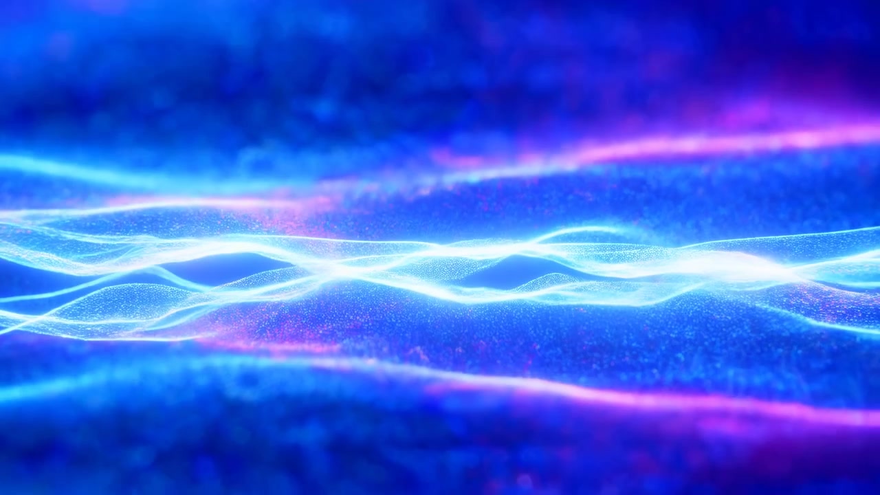 Electric Blue Ribbons Of Light Weaving Over Granular Surface With Soft Purple Haze And Pulsing Currents, High