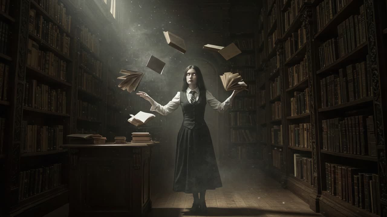 A Mysterious Figure Enchants a Dimly Lit Library, Juggling Floating Books Amidst Dust and Shadows in a Spellbinding Moment of Literary Magic