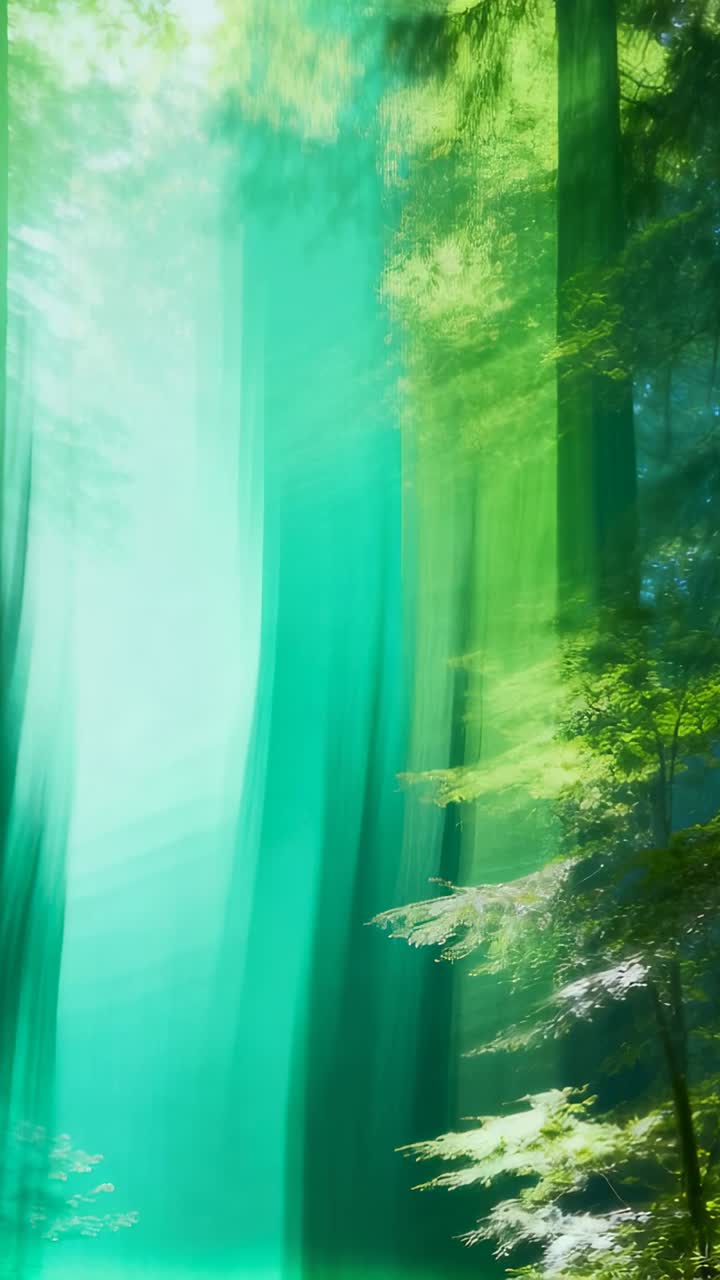 Video verticale: Si vedono tronchi d'albero che si spostano con un effetto di sfocatura verticale nella foresta, in mezzo a una foschia turchese.