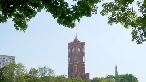 Historic-Landmark-Town-Hall-Clock-Tower-in-Downtown-Berlin,-Germany