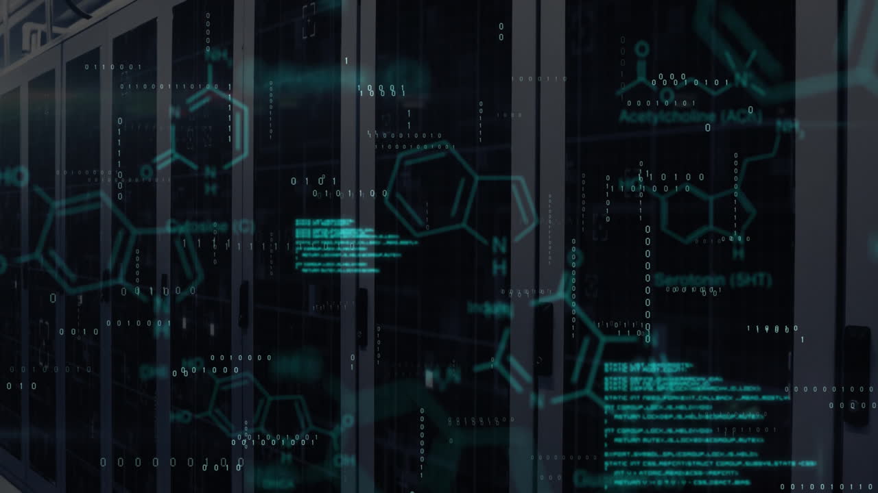 Animation of data processing and chemical formula over server room