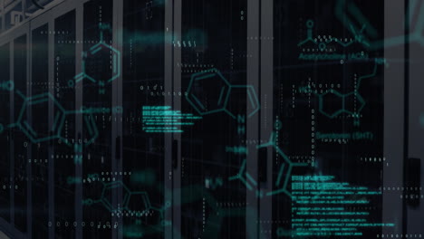 animation of data processing and chemical formula over server room