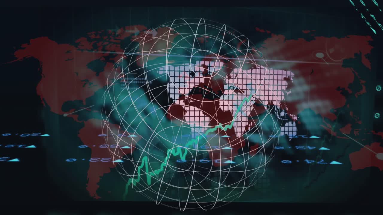 animación del procesamiento de datos sobre el mapa del mundo y el globo