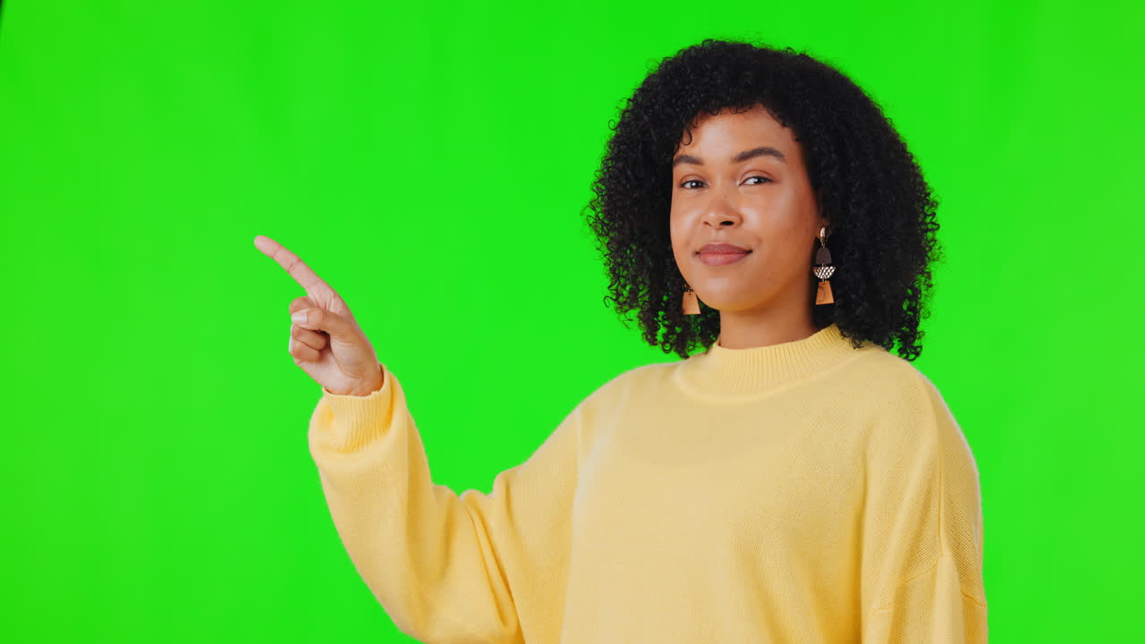 Woman, pointing finger and portrait on green