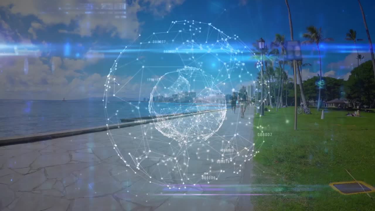 animación del procesamiento de datos sobre un hombre en forma corriendo en la playa