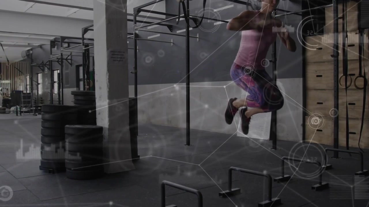 Woman entering hurdles doing plyo jumps going airborne network overlay tracing motion for fitness