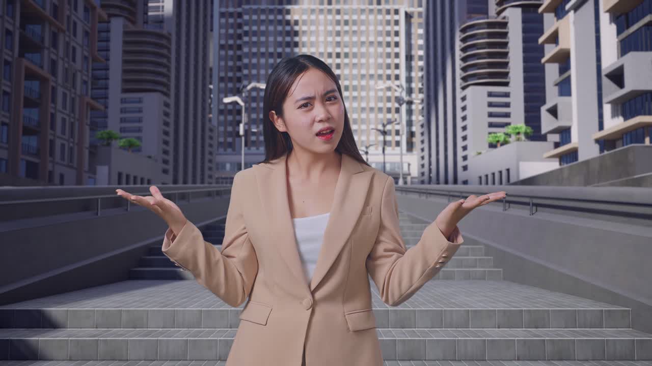 도시 계단에서 혼란을 표현하는 베이지 블레이저를 입은 여성