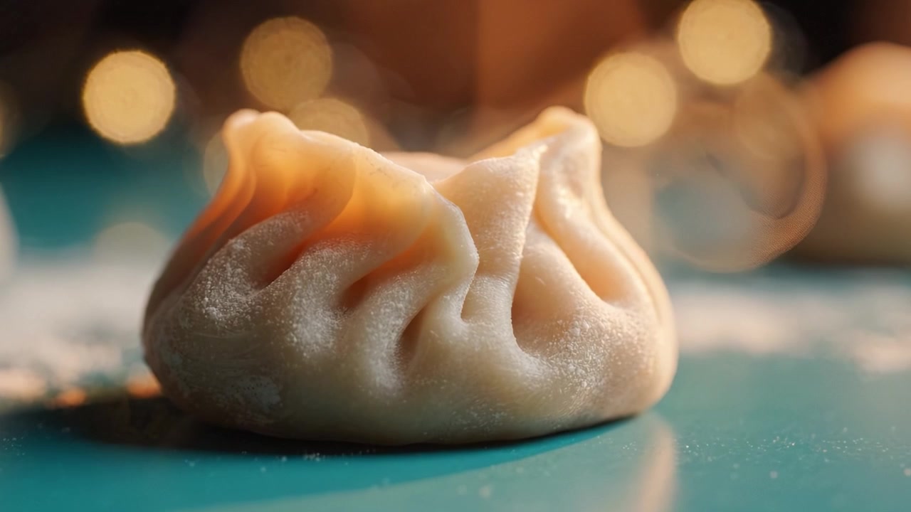 Deliciously Crafted Dumplings on a Turquoise Surface, Showcasing Their Pleated Design and Enchanting Background with Twinkling Lights and Dusting of Flour.