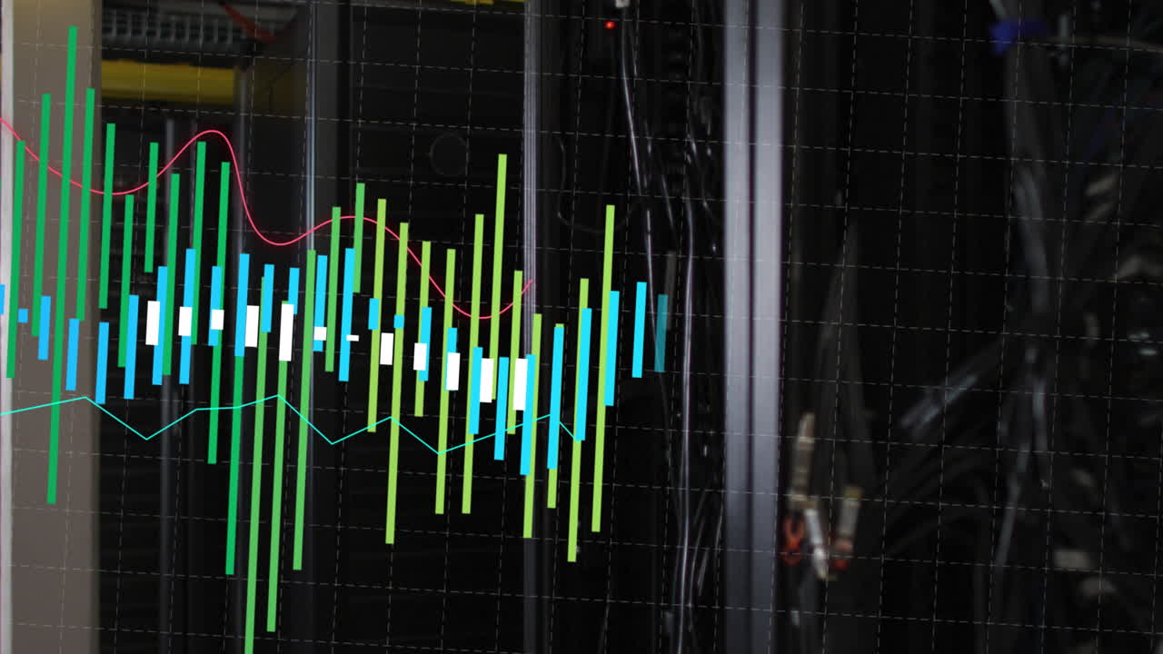 Green and blue graph processing data over dark computer server room