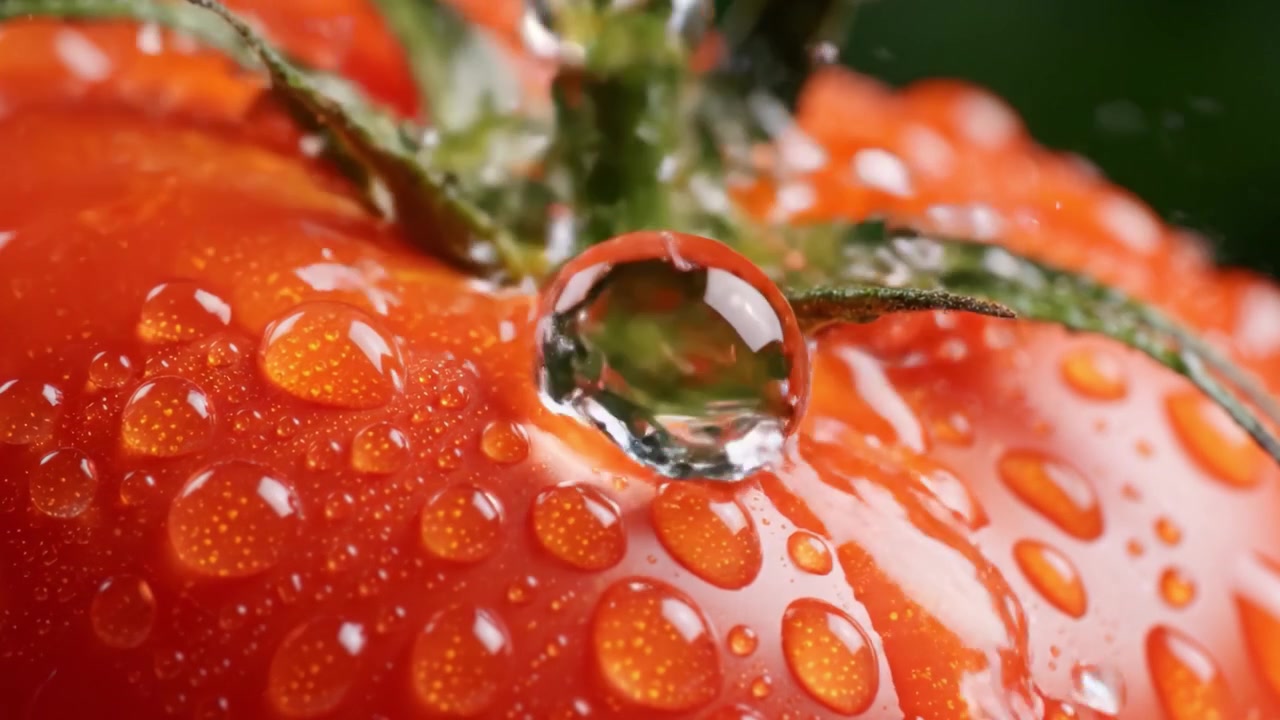 Primo piano di un pomodoro maturo appena raccolto con goccioline di rugiada che luccicano sulla sua superficie, evidenziando la succosità e il colore vibrante di questo delizioso frutto.