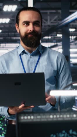 vertical video portrait of smiling engineers in data center code with generative ai