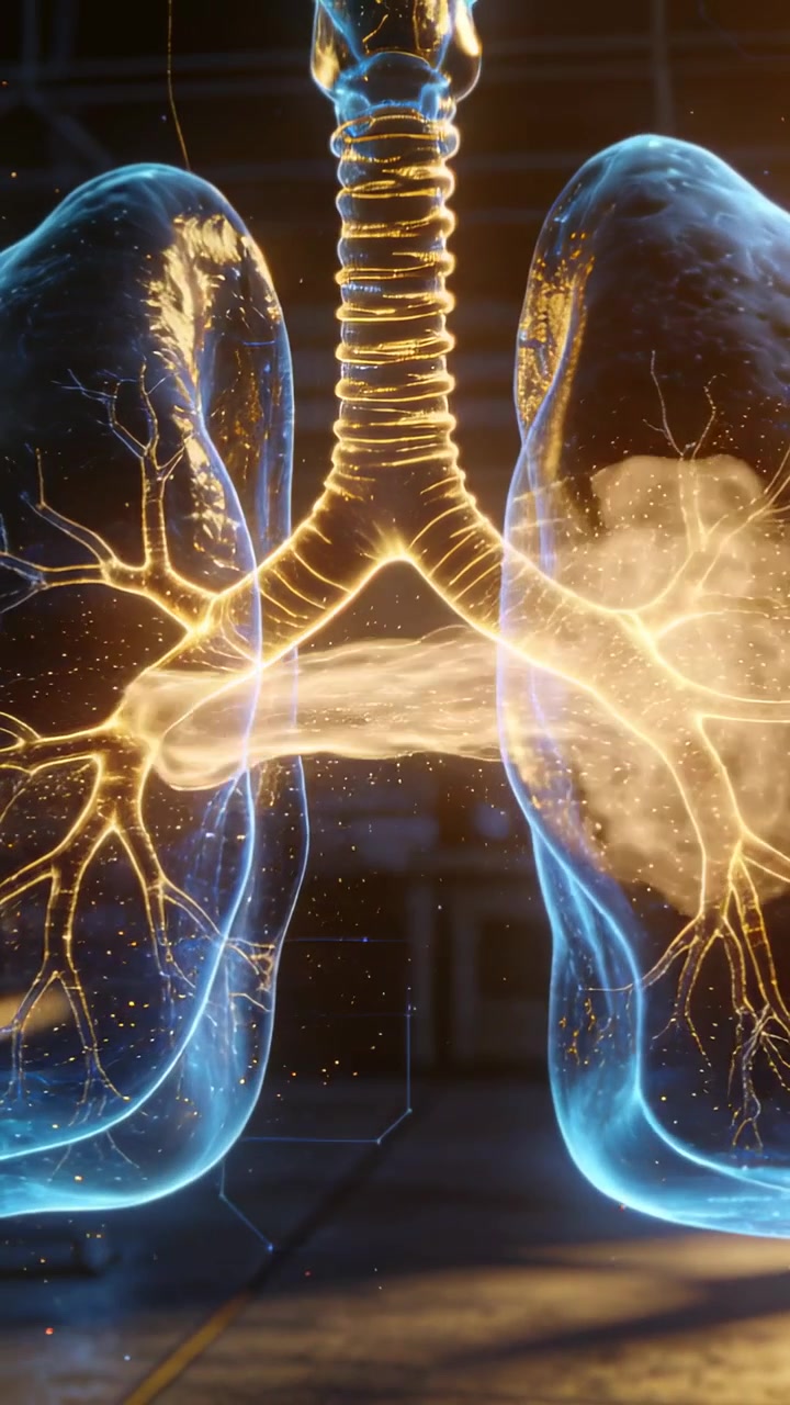 Video verticale: Mostra polmoni e trachea mentre si forma una sacca, con il pennacchio che si sposta a sinistra mostrando la diffusione.
