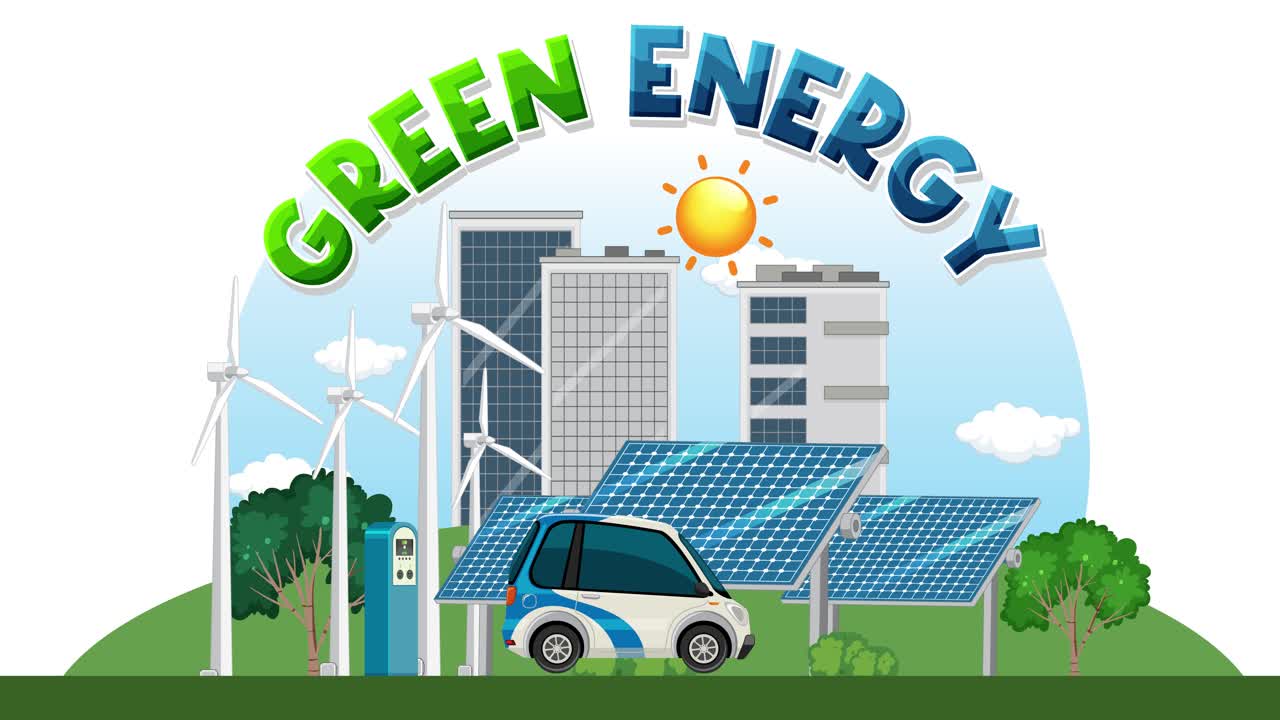 도시 환경에서 재생 가능한 에너지를 묘사하는 애니메이션.