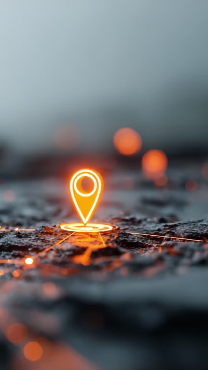 A Close-up View of a Glowing Location Pin on a Dark Surface, Signifying Navigation and Digital Mapping in a Modern Context