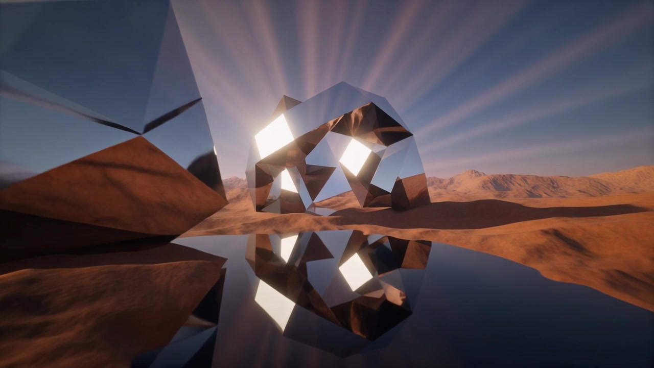 Patung Geometris Krom Abstrak di Lanskap Gurun