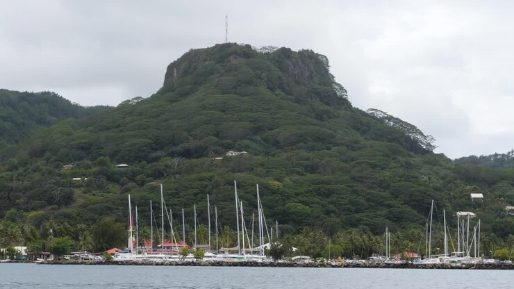 Yacht e barche a vela ancorati nella baia vicino a Uturoa, Raiatea, Polinesia Francese