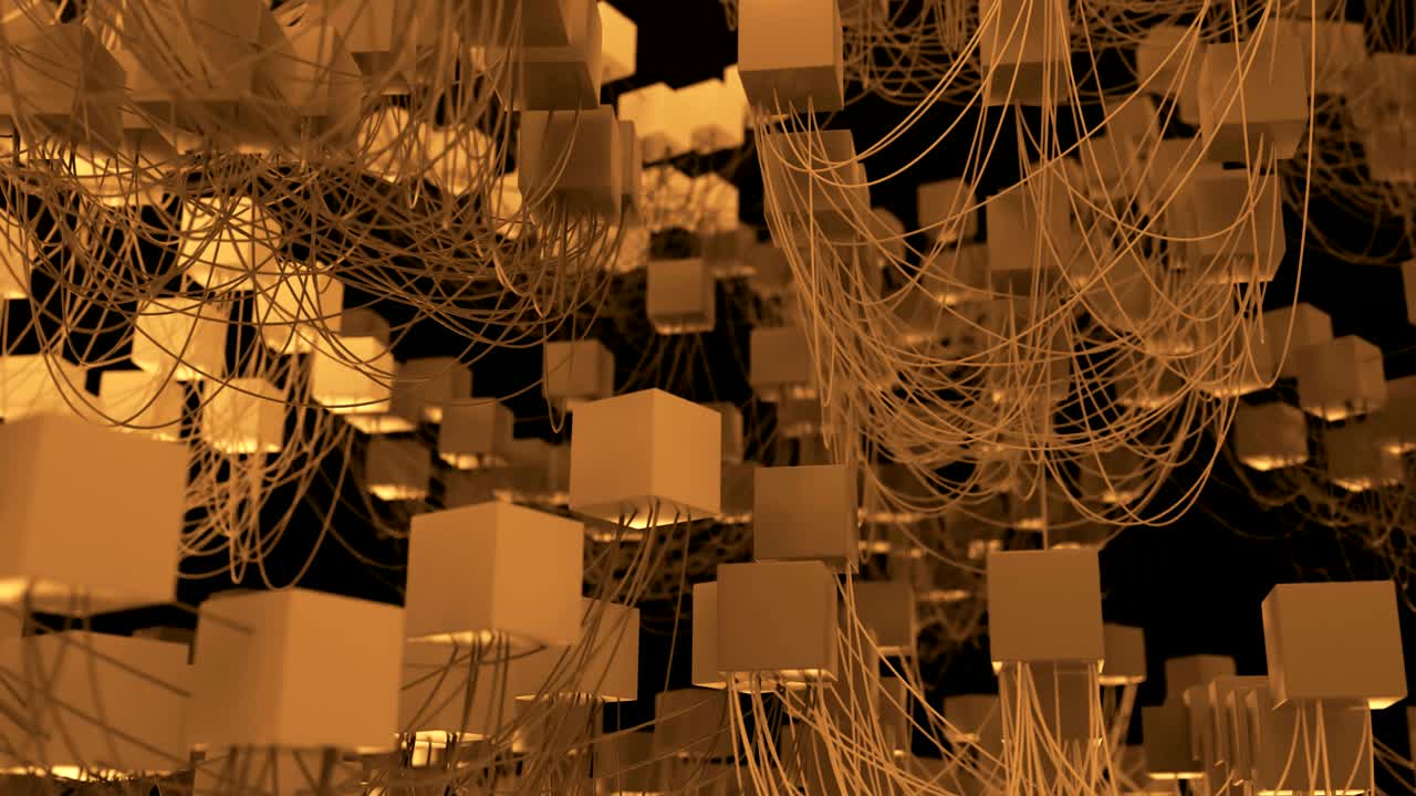 4k 추상적인 큐빅 네트워크 노드와 와이어를 포함합니다.