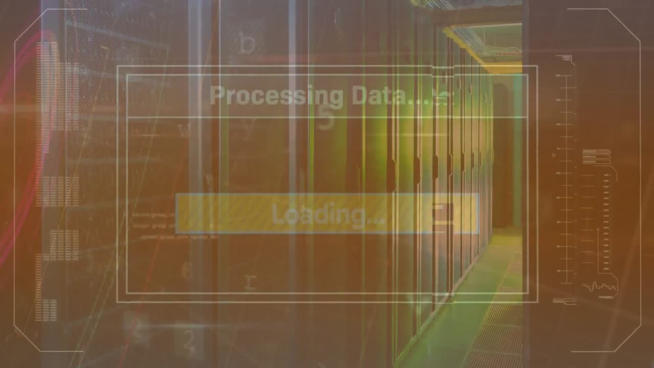 컴퓨터 서버  ⁇ 에 대한 둥근 스캐너 및 사이버 보안 데이터 처리 애니메이션