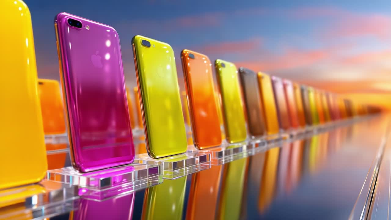A Vibrant Display of Colorful Mobile Phones Showcasing a Spectrum of Hues from Orange to Pink, Highlighting Modern Designs and Contemporary Aesthetics Against a Sunset Backdrop